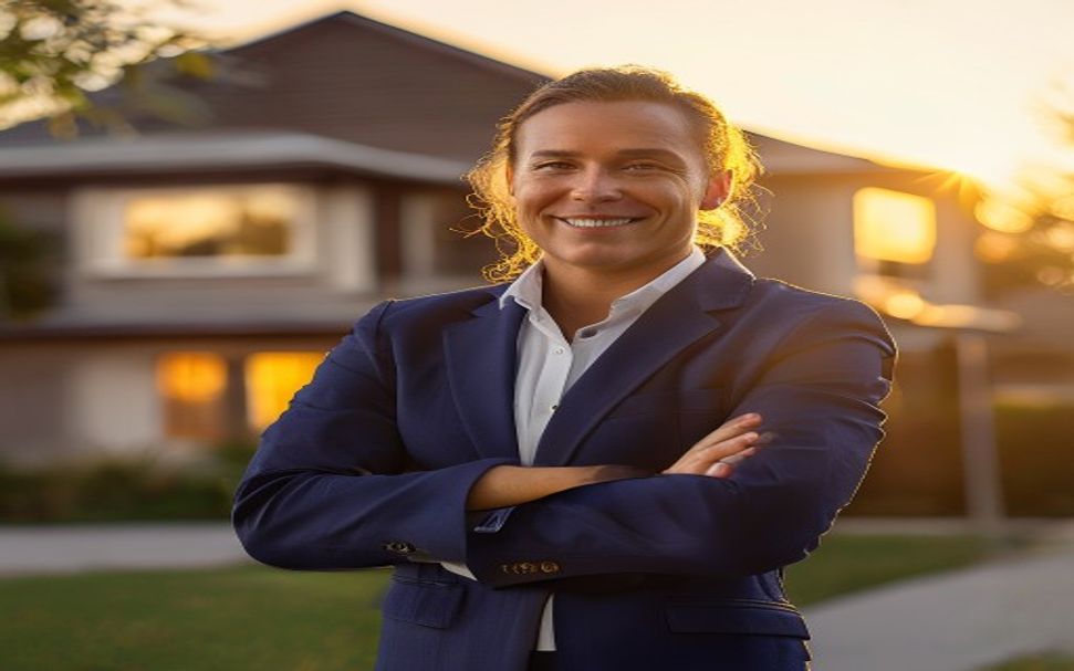 A newly licensed real estate agent standing in front of a home at golden hour